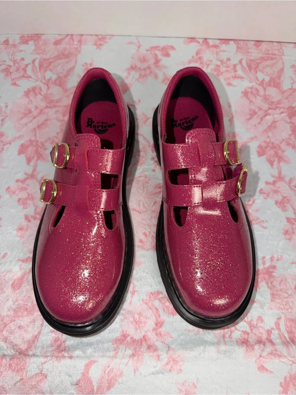 Dr. Martens Kids Glitter Mary Jane Shoes in Hot Pink
